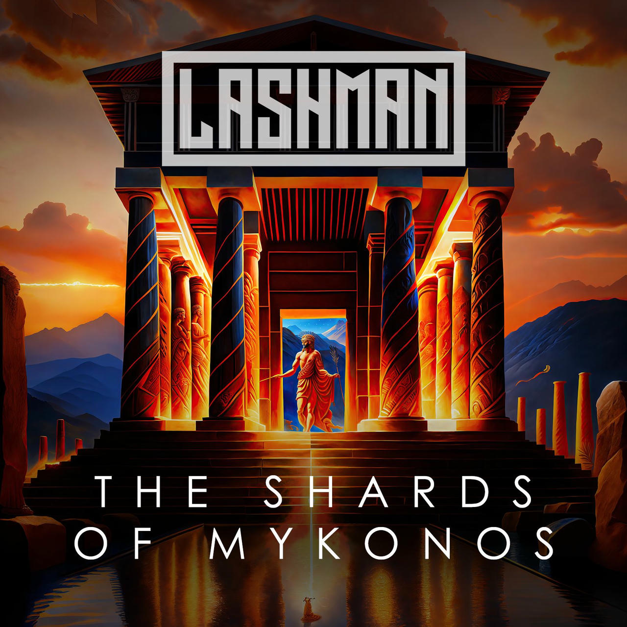 A dramatic, digitally painted image depicts a towering, ancient Greek temple bathed in fiery orange and red light. The temple is constructed of weathered, gray stone and features massive, fluted columns. A muscular, golden-skinned male figure, clad in a flowing white chiton and holding a spear, stands prominently within the temple's entrance. The background shows a hazy, mountainous landscape with a reflective body of water. Above the temple, in bold white letters, the text “THE SHARDS OF MYKONOS” is displayed.