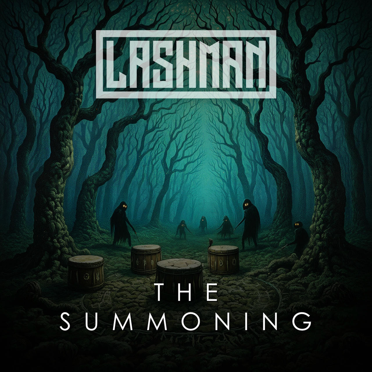 A dark, stylized illustration depicts a dense, shadowy forest with towering, gnarled trees. The trees are covered in textured, dark green foliage. Several dark, humanoid figures with glowing yellow eyes stand around a circular wooden table. The word “THE SUMMONING” is prominently displayed in white lettering at the top of the image.