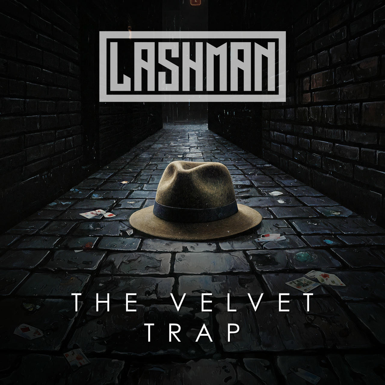 A dark, wet cobblestone street with scattered playing cards leads into a shadowy doorway. A dark grey fedora sits on the cobblestones. Above the doorway, the words “THE VELVET TRAP” are printed in white.
