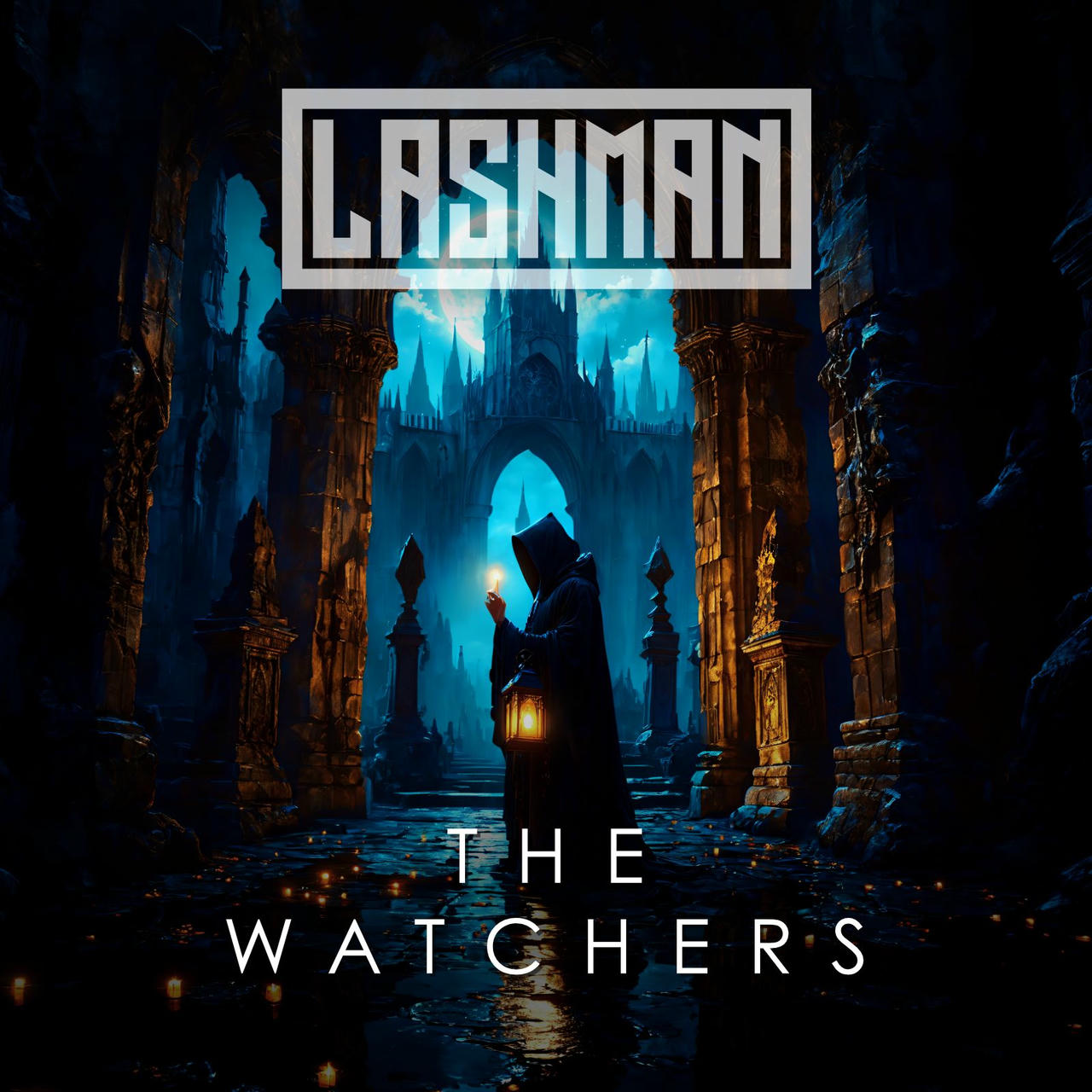 A dark, atmospheric album cover featuring a lone figure in a hooded cloak standing within a towering, gothic stone archway. The archway is framed by weathered, ornate columns, and rain streaks down the stone. The figure holds a flickering lantern, casting a small circle of light. Above the image, in bold white letters, reads “LASHMAN” and below it, “THE WATCHERS.” The overall impression is one of mystery and foreboding.
