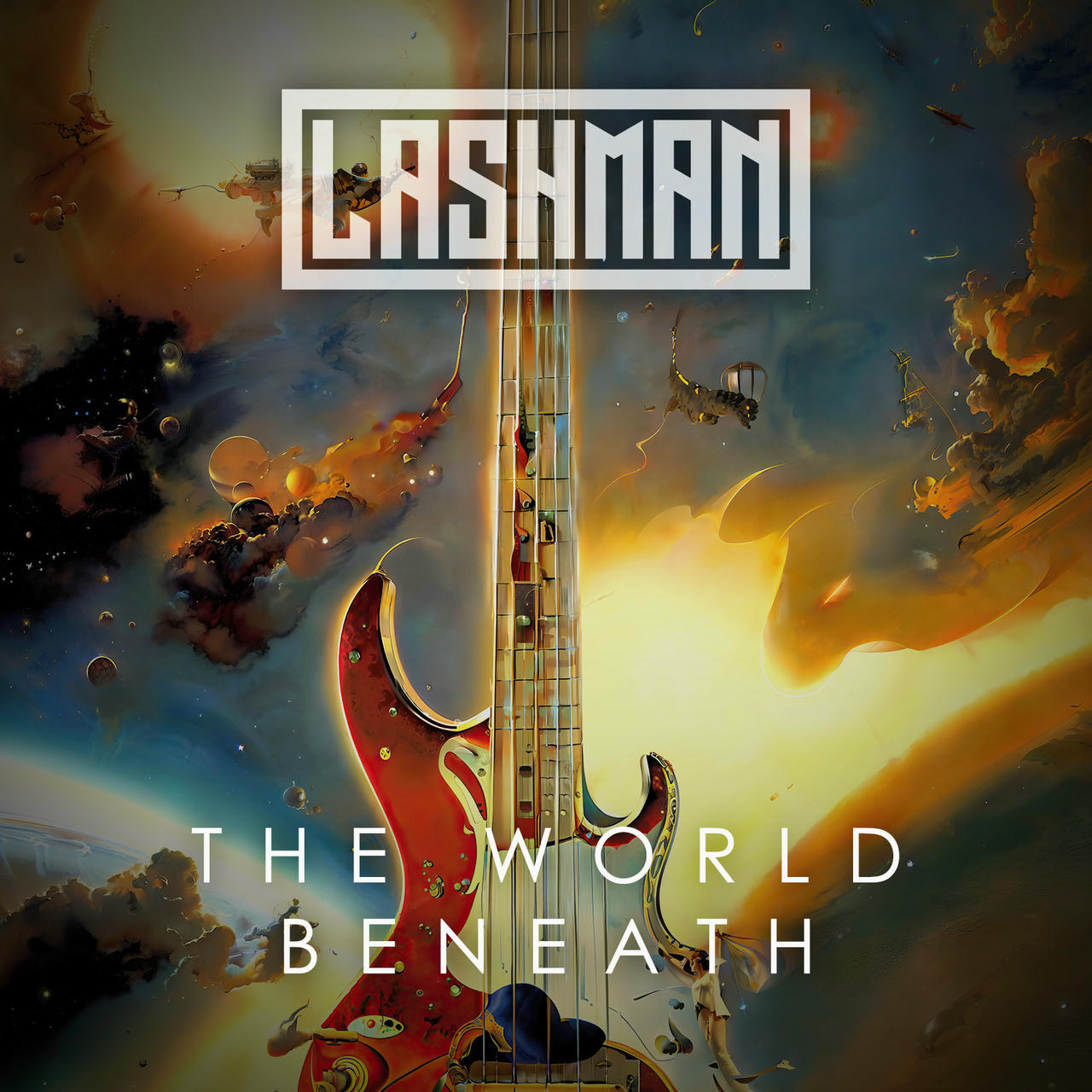 A dramatic album cover featuring a vibrant, red and white electric guitar rising from a swirling, chaotic cloudscape. The guitar is illuminated with a bright, golden light, and appears to be suspended in space. The words “THE WORLD BENEATH” are printed in white at the bottom of the image. The band name “LASHMAN” is prominently displayed in a white block at the top.