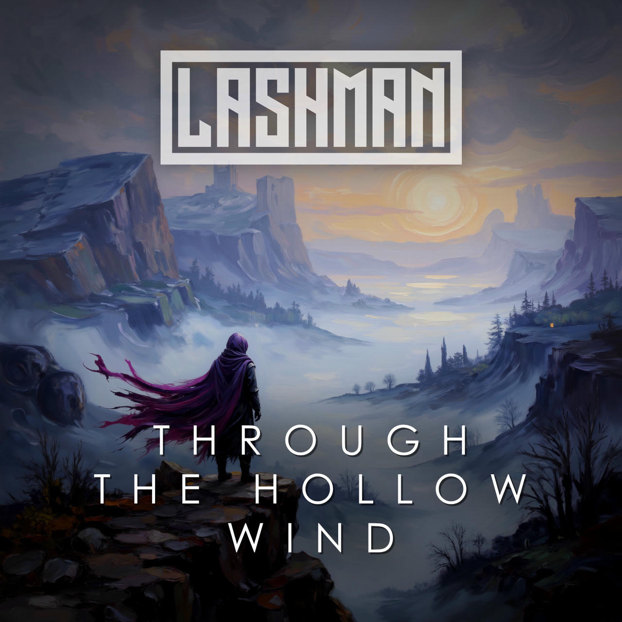 A dramatic, stylized digital painting depicts a lone, hooded figure standing on a rocky, windswept plateau beneath a stormy, gray sky. Jagged, dark cliffs rise dramatically on either side, partially obscured by swirling mist. The figure is facing away from the viewer, their cloak billowing in the wind. The word “THROUGH THE HOLLOW WIND” is written in white across the bottom of the image.