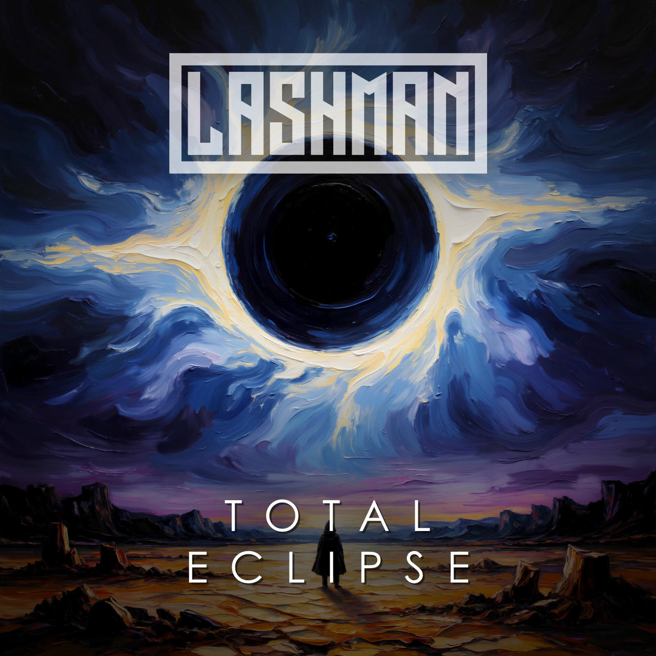 A dramatic, dark blue and gold painting depicts a total solar eclipse. A large, black circle dominates the center, representing the moon obscuring the sun. Below the eclipse, in white lettering, the words "TOTAL ECLIPSE" are written. The painting has a textured, painterly style with swirling clouds and a rocky landscape visible in the background. The title “LASHMAN” is also written in white lettering at the top of the image.