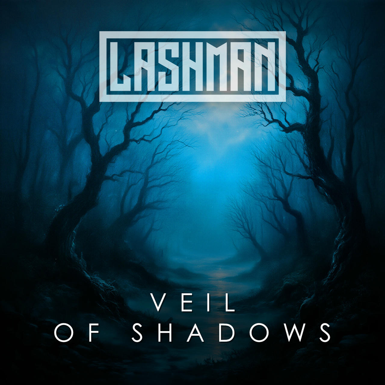 A dark, moody image depicts a dense forest scene under a deep blue sky. Silhouetted trees with gnarled branches stretch upwards, creating a sense of depth and mystery. The word "VEIL OF SHADOWS" is prominently displayed in bold, white lettering across the top of the image.