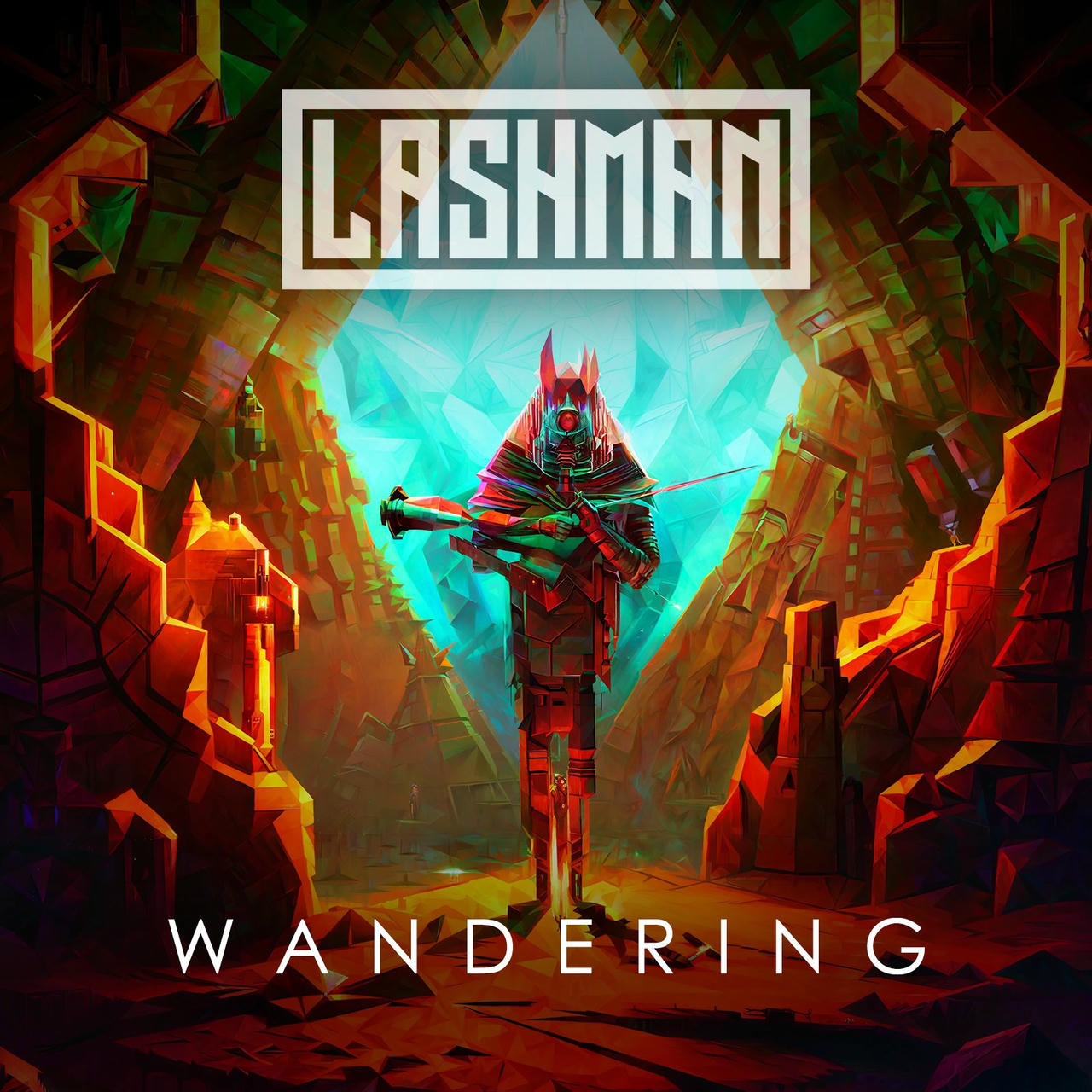 A futuristic, neon-colored album cover featuring a robotic warrior with a glowing red visor and a glowing red energy blade. The warrior stands in a stark, geometric landscape of jagged, crystalline structures in shades of teal and purple. The words “LASHMAN” and “WANDERING” are prominently displayed in white lettering across the top and bottom of the image.