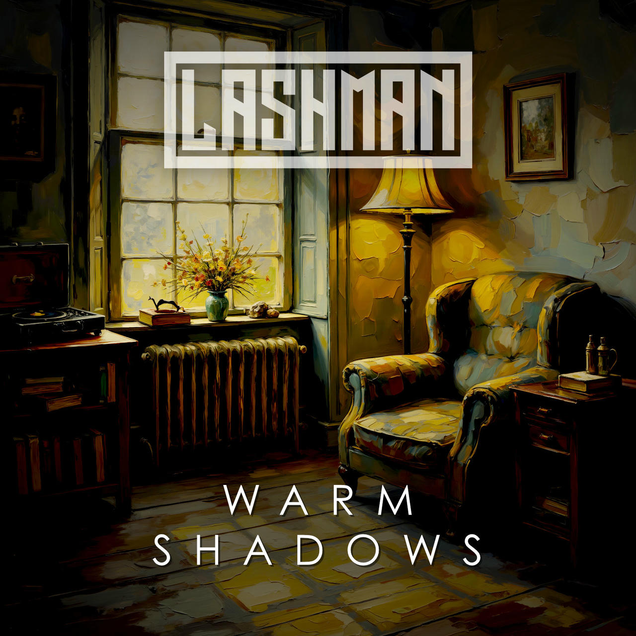 A warm, painterly image depicts a dimly lit, cozy room. A plush, dark blue armchair sits beneath a table lamp, casting a warm glow. A vintage record player rests on the table alongside a vase of dried flowers and several stacked books. A tall, ornate radiator dominates the background, casting long shadows. The word "WARM" is printed in white across the top of the image, and "SHADOWS" is printed below it in a similar font. The walls are textured and appear aged.