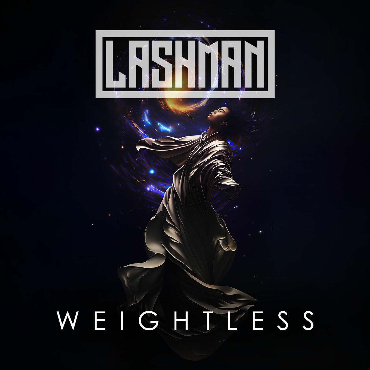 A dark, stylized figure with a flowing cloak dominates the center of the image, appearing to leap across a swirling, iridescent nebula filled with stars and cosmic dust. Above the figure, in bold white letters, the word “WEIGHTLESS” is displayed.