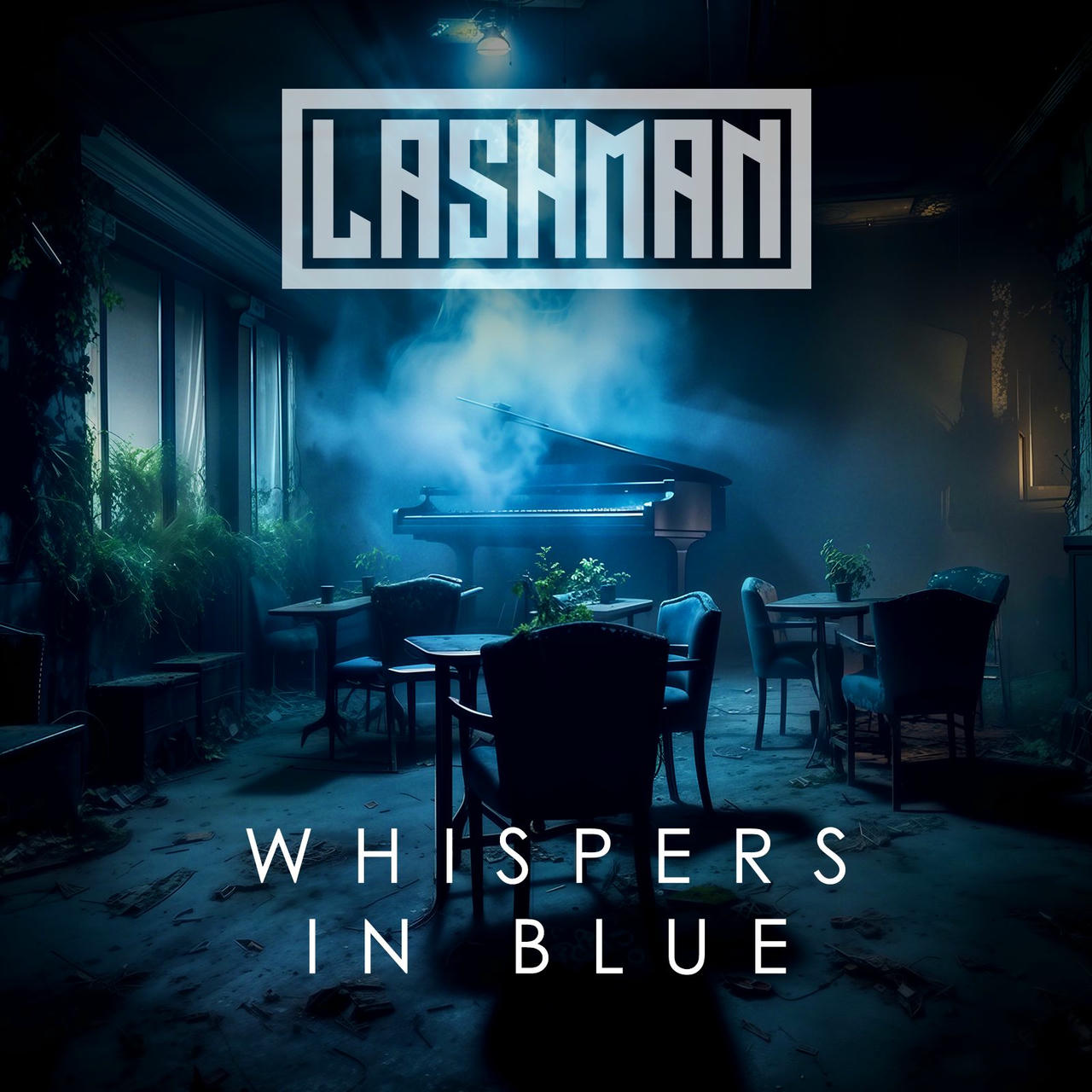 A dimly lit, atmospheric interior scene dominated by shades of blue. A grand piano sits center frame, partially obscured by thick, swirling blue smoke. Several dark, round tables with blue chairs are scattered around the piano. The walls are a dark, textured blue, and a large window with trailing vines is visible to the right. The word "LASHMAN" is written in white across the top of the image.
