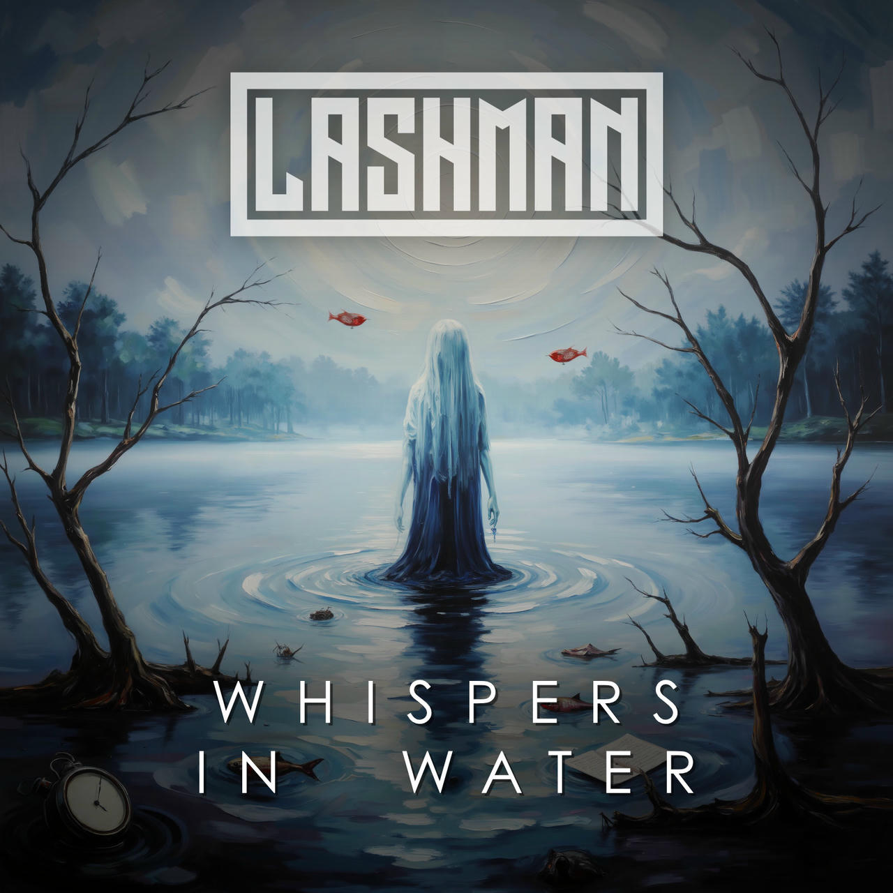 A dark, atmospheric digital painting depicts a lone, pale figure standing in a still, dark body of water. The figure is facing away from the viewer, their back partially obscured by ripples in the water. Twisted, bare trees with gnarled branches rise from the water’s edge on either side. Two small, red fish float on the surface of the water. Above the image, in white lettering, the words “WHISPERS IN WATER” are displayed.
