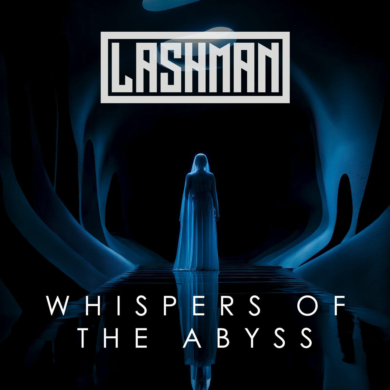 A dark, dramatic image featuring a solitary, silhouetted figure standing before a cavernous, blue-lit opening in a rock wall. The figure is draped in a dark cloak, obscuring their features. Above the figure, in a stark white rectangular box, the words "WHISPERS OF THE ABYSS" are printed. The overall effect is one of mystery and foreboding.