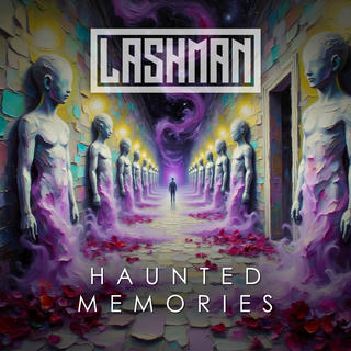 The artwork depicts a surreal and unsettling scene dominated by a long, purple-tinged corridor that seems to extend infinitely into the distance. On either side of the corridor stand numerous figures, all slender and ethereal, with smooth, pale skin, elongated limbs, and large, vacant eyes. Their faces are expressionless, with a subtle sense of melancholy. The figures are arranged in a line, creating a sense of a pathway or procession. The corridor is filled with swirling, iridescent pink and purple smoke-like patterns, giving it an otherworldly quality. Behind the figures, a large, ornate, arched doorway looms, framed by weathered stone blocks and delicate, pink floral patterns. The entire scene is rendered in a painterly style with thick brushstrokes, giving it a textured, almost tactile feel. Above the artwork, in bold, white lettering, the word "LASHMAN" is prominently displayed, and beneath it the title "Haunted Memories" is presented in a smaller font. The overall impression is one of mystery, unease, and a profound sense of loss or remembrance.