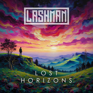 The image is a striking, painterly cover. At the forefront, a solitary figure – a dark, silhouetted human form – stands on a grassy, green ridge, gazing out at a dramatically rendered landscape. The sky above is a swirling, chaotic blend of deep purples, pinks, and oranges, reminiscent of a tumultuous sunset or storm. Thick, textured brushstrokes create a sense of movement and instability in the clouds. Beyond the ridge, rolling mountains stretch across the horizon, painted in cool shades of blue and teal, creating a strong contrast with the fiery sky. The mountains appear jagged and imposing, layered with dramatic shadows. The foreground is a vibrant, almost luminous green, and the overall effect is one of vastness, melancholy, and a sense of isolation. In the top left corner, the word "LASHMAN" is written in bold, white, block letters. Below that, the words "LOST HORIZONS" are printed in a smaller, sans-serif font.