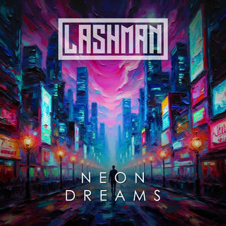 The artwork depicts a futuristic, rain-slicked cityscape at night, dominated by towering, stylized skyscrapers. The color palette is primarily a deep, almost bruised purple, punctuated by vibrant, saturated neon hues – pink, yellow, and turquoise – that spill out from the illuminated signs and storefronts lining the street. Rain streaks across the canvas, creating a sense of movement and depth. The skyscrapers are depicted with thick, textured brushstrokes, giving them a solid, monumental feel. Numerous glowing signs advertising various products and services are visible, rendered in a chaotic, densely packed manner. The words "NEON DREAMS" are stacked vertically in a bold, white sans-serif font, positioned at the top left of the image, with the artist’s name “LASHMAN” also in white font just above the title. The overall impression is one of a hyper-stimulated, slightly unsettling, urban landscape, suggesting a blend of technology and a dreamlike state.