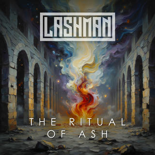 The image is a dramatic, dark fantasy art piece featuring a colossal, crumbling stone archway dominating the left side. The archway is constructed of massive, irregularly shaped blocks of gray stone, weathered with deep shadows and vertical cracks, suggesting an ancient, forgotten ruin. The stone is covered in a light, dusty gray coating and speckled with darker textures. Within the center of the archway, an intensely bright, swirling vortex of fiery orange, yellow, and red dominates the composition. The flames are turbulent, with ribbons of color stretching outwards, creating an almost chaotic, ethereal effect. This central vortex is surrounded by thick, swirling smoke that appears to be translucent and shimmering with iridescent hues – blues, greens, and purples are visible within the smoke. Above and behind the vortex, partially obscured by the smoke, there are faint, barely visible shapes that could be ghostly figures. In the top left corner, in a stark white block, the words "LASHMAN" are printed in a bold, stylized font. Below the vortex, in a similar white block, the text "THE RITUAL OF ASH" is also rendered in the same font. The overall atmosphere is one of intense energy, foreboding, and a sense of a powerful, perhaps destructive, ritual taking place within the ruin.
